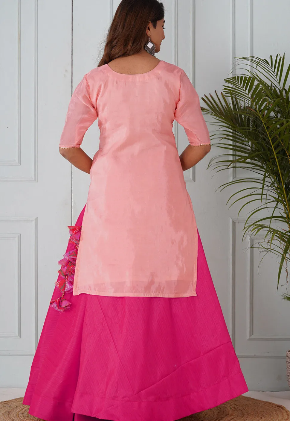 Gota Patti Uppada Silk Straight Kurta Set in Peach