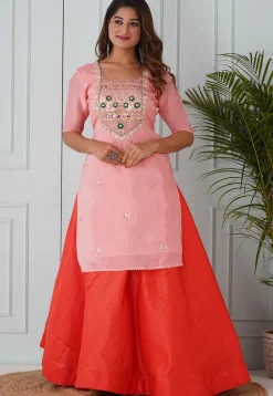 Gota Patti Uppada Silk Straight Kurta Set in Peach