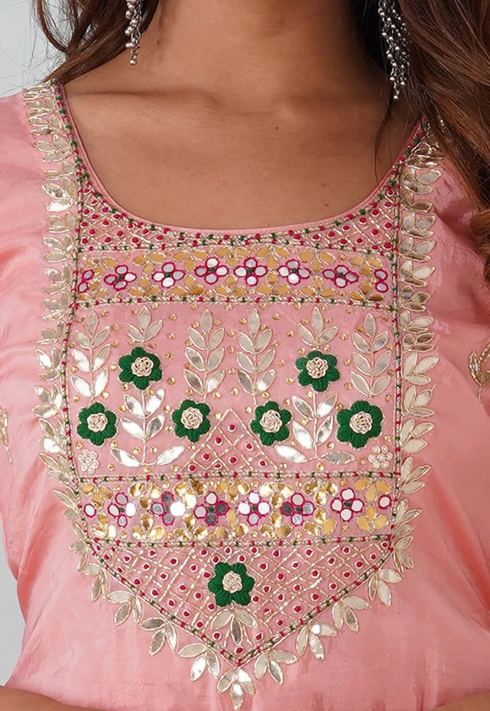 Gota Patti Uppada Silk Straight Kurta Set in Peach