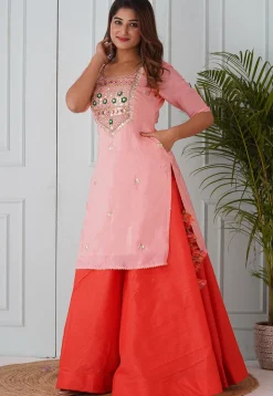 Gota Patti Uppada Silk Straight Kurta Set in Peach