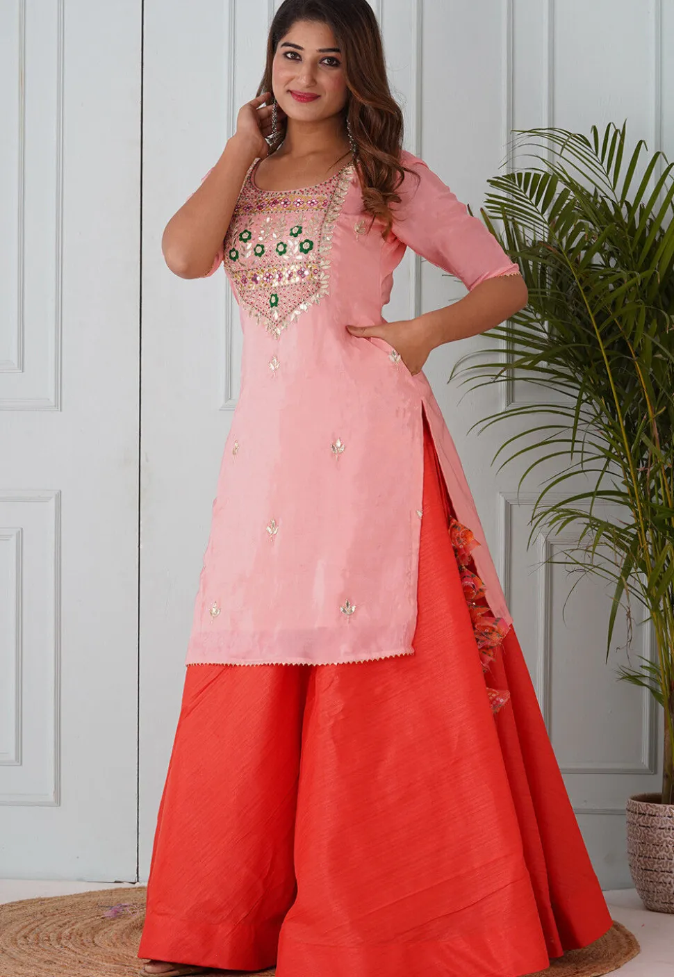 Gota Patti Uppada Silk Straight Kurta Set in Peach
