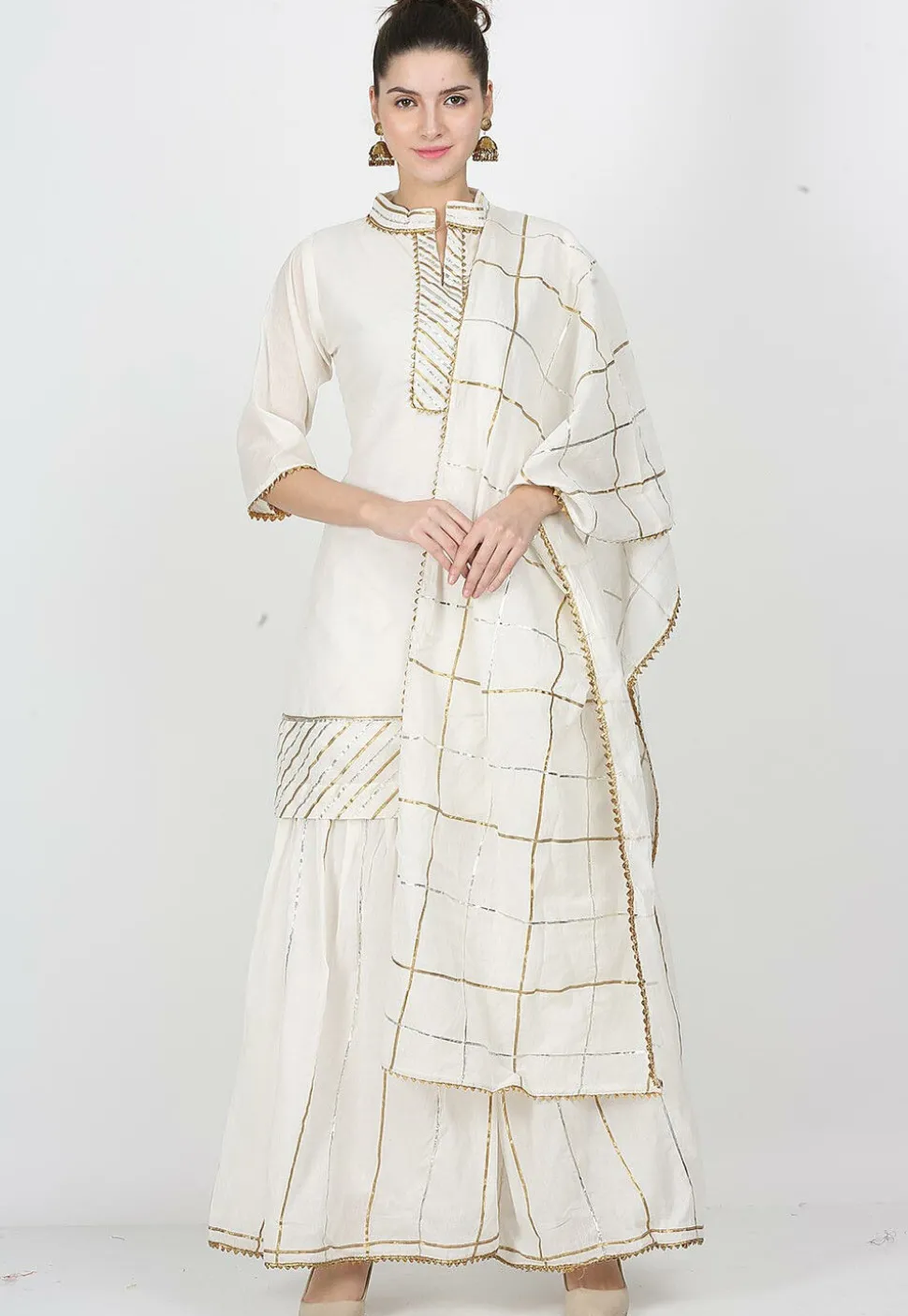 Gota Work Chanderi Cotton Pakistani Suit in Off White
