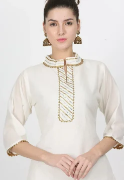 Gota Work Chanderi Cotton Pakistani Suit in Off White
