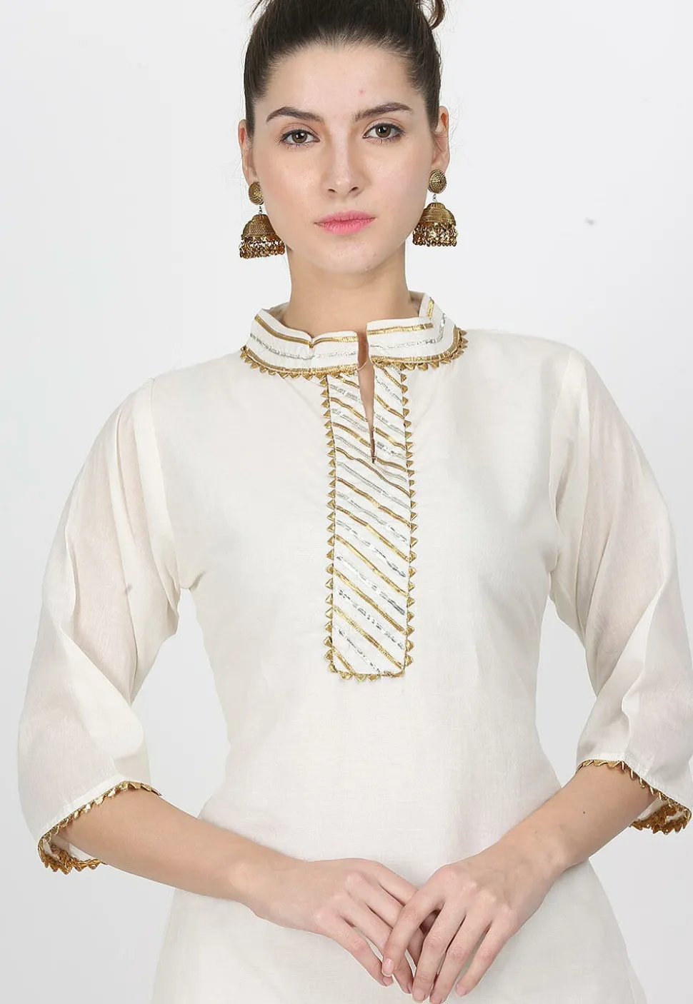 Gota Work Chanderi Cotton Pakistani Suit in Off White