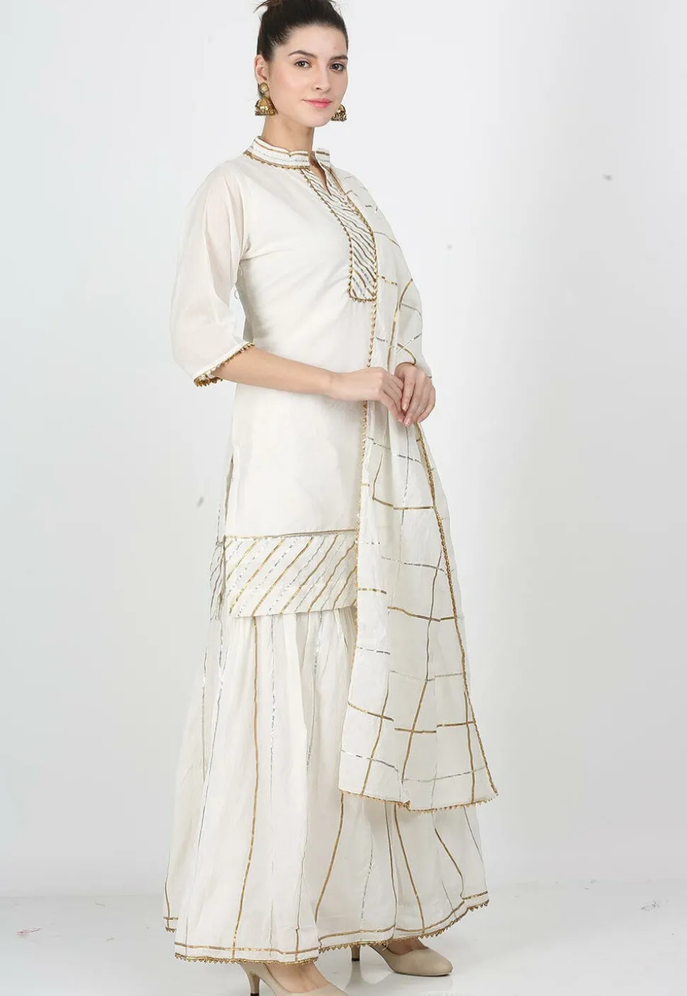 Gota Work Chanderi Cotton Pakistani Suit in Off White