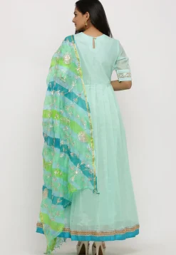Gota Work Chanderi Silk Pleated Abaya Style Suit in Green