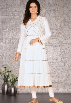 Gota Work Cotton Rayon Anarkali Kurta in White