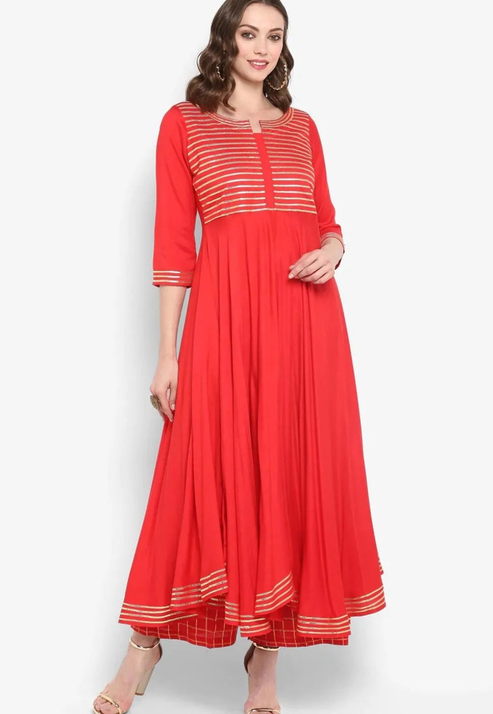 Gota Work Rayon A Line Kurta in Coral Red