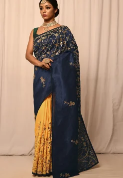 Half N Half Art Silk Embroidered Saree in Navy Blue and Yellow