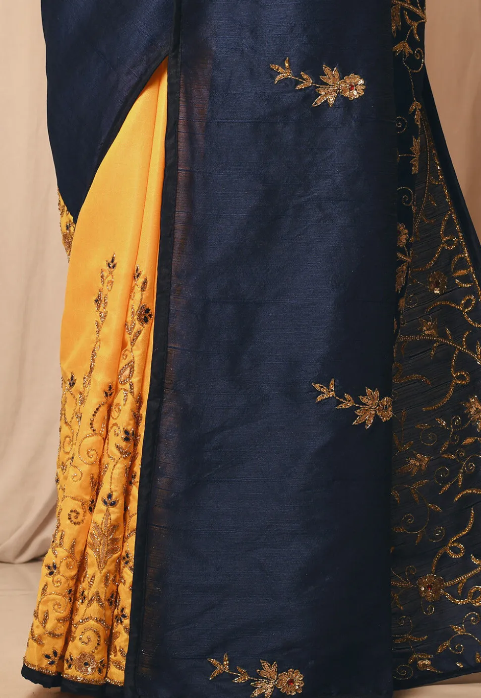 Half N Half Art Silk Embroidered Saree in Navy Blue and Yellow