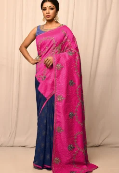 Half N Half Art Silk Embroidered Saree in Fuchsia and Navy Blue