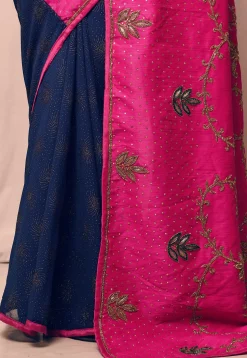 Half N Half Art Silk Embroidered Saree in Fuchsia and Navy Blue