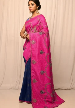 Half N Half Art Silk Embroidered Saree in Fuchsia and Navy Blue