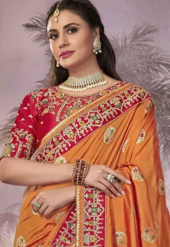 Half N Half Art Silk Jacquard Saree in Orange and Red