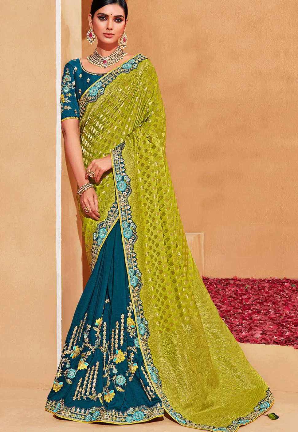 Half N Half Art Silk Jacquard Saree in Light Green and Teal Blue