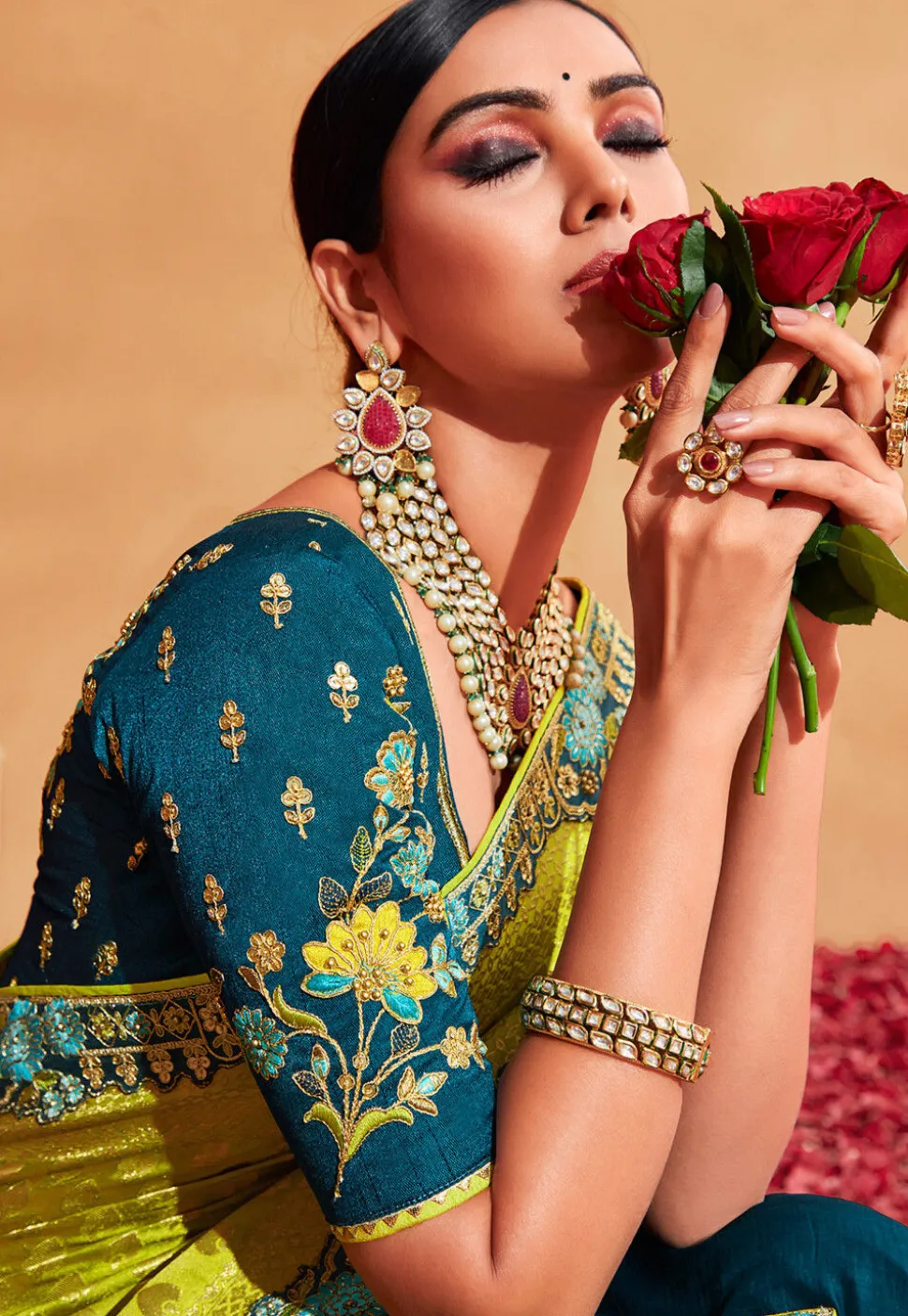 Half N Half Art Silk Jacquard Saree in Light Green and Teal Blue
