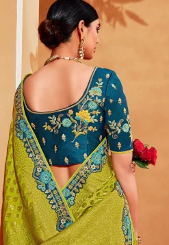 Half N Half Art Silk Jacquard Saree in Light Green and Teal Blue