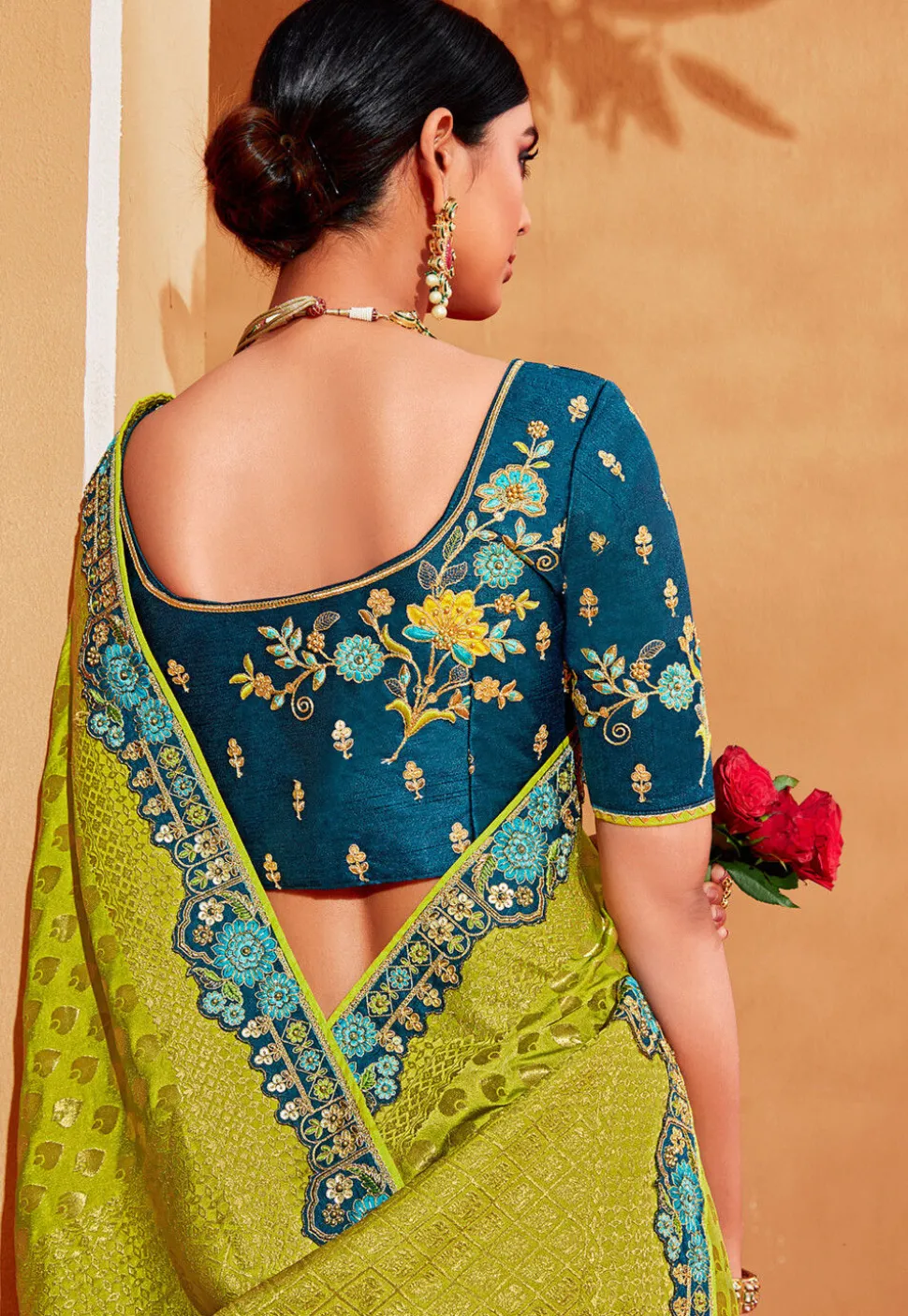 Half N Half Art Silk Jacquard Saree in Light Green and Teal Blue