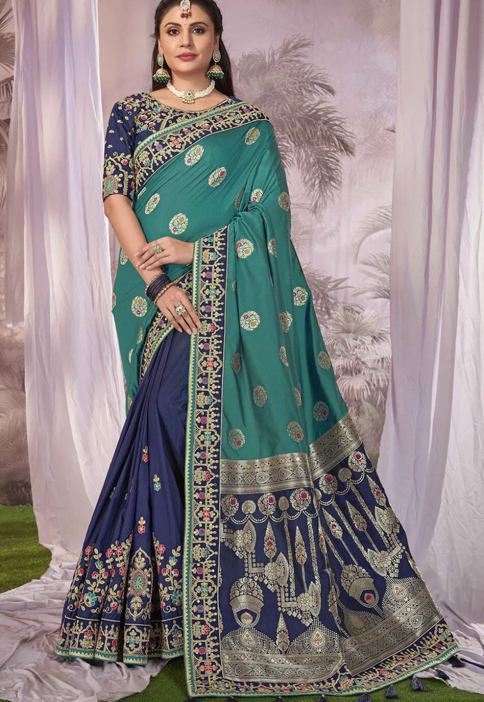 Half N Half Art Silk Jacquard Saree in Sea Green and Navy Blue