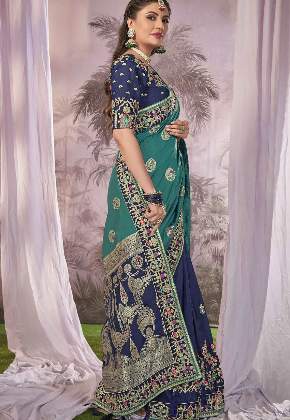 Half N Half Art Silk Jacquard Saree in Sea Green and Navy Blue