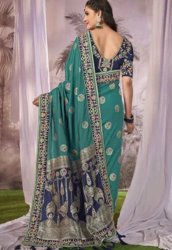 Half N Half Art Silk Jacquard Saree in Sea Green and Navy Blue