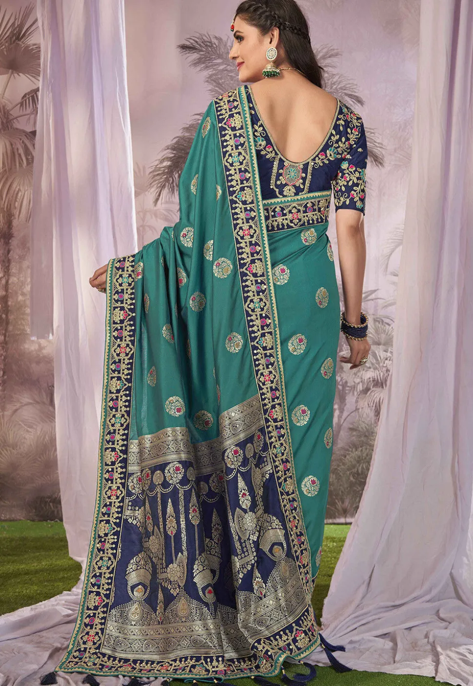 Half N Half Art Silk Jacquard Saree in Sea Green and Navy Blue