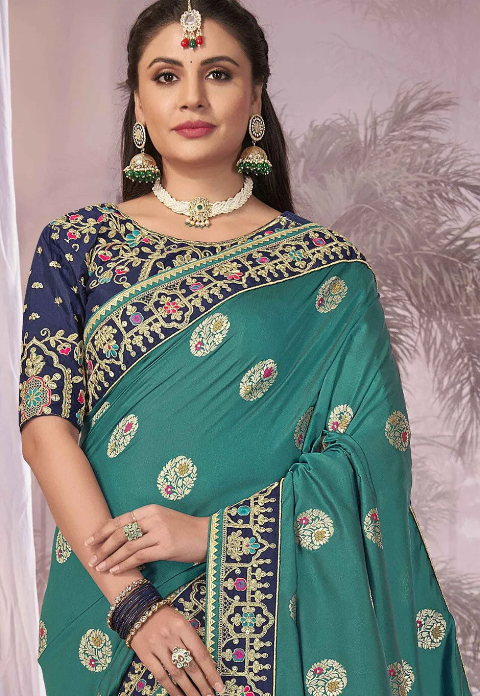 Half N Half Art Silk Jacquard Saree in Sea Green and Navy Blue