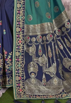 Half N Half Art Silk Jacquard Saree in Sea Green and Navy Blue