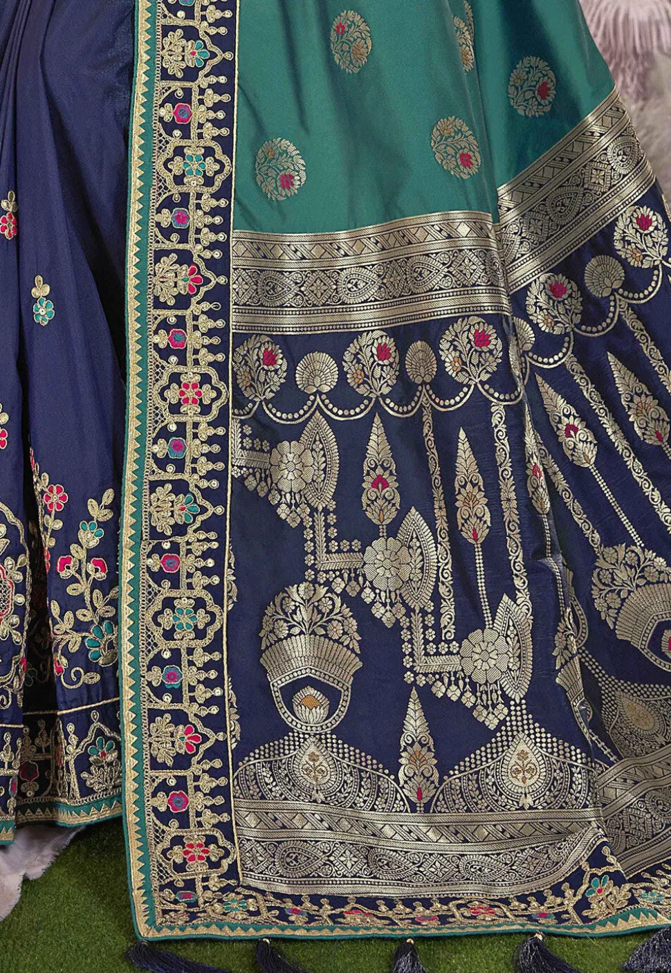 Half N Half Art Silk Jacquard Saree in Sea Green and Navy Blue