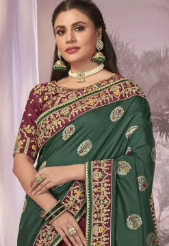 Half N Half Art Silk Jacquard Saree in Green and Maroon