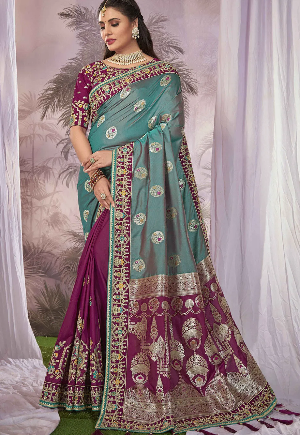 Half N Half Art Silk Jacquard Saree in Teal Green and Magenta