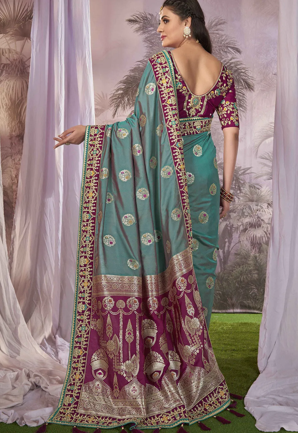Half N Half Art Silk Jacquard Saree in Teal Green and Magenta