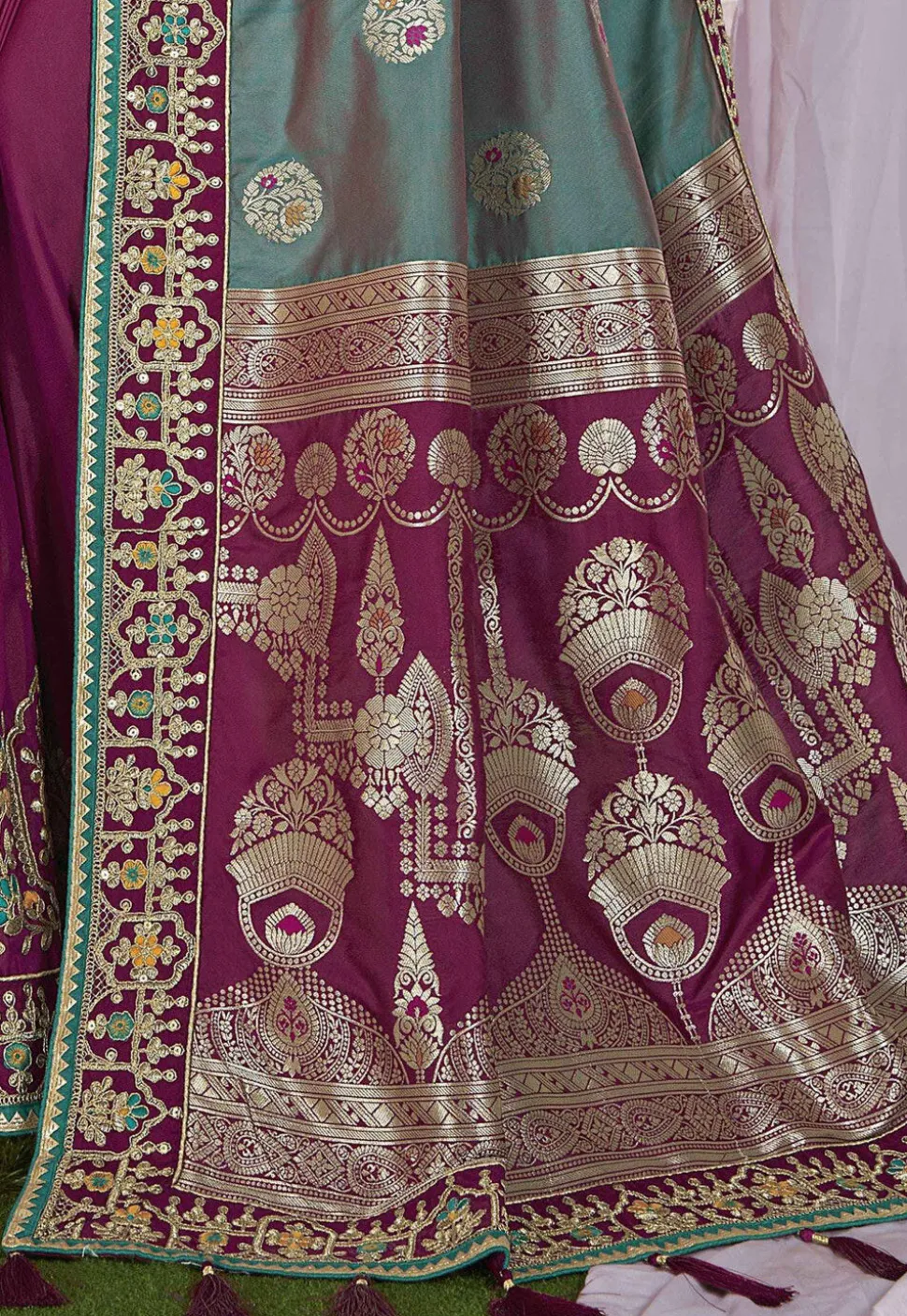 Half N Half Art Silk Jacquard Saree in Teal Green and Magenta