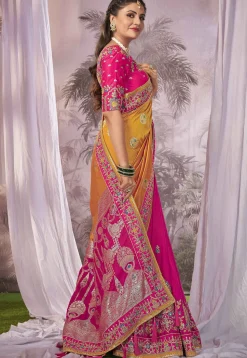 Half N Half Art Silk Jacquard Saree in Mustard and Pink