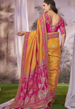 Half N Half Art Silk Jacquard Saree in Mustard and Pink
