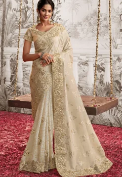 Half N Half Art Silk Jacquard and Art Silk Saree in Cream