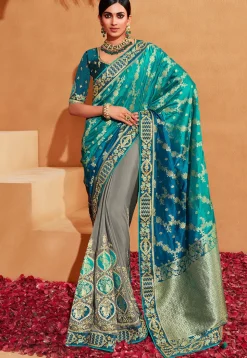 Half N Half Art Silk Jacquard Saree in Teal Blue and Grey