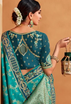 Half N Half Art Silk Jacquard Saree in Teal Blue and Grey