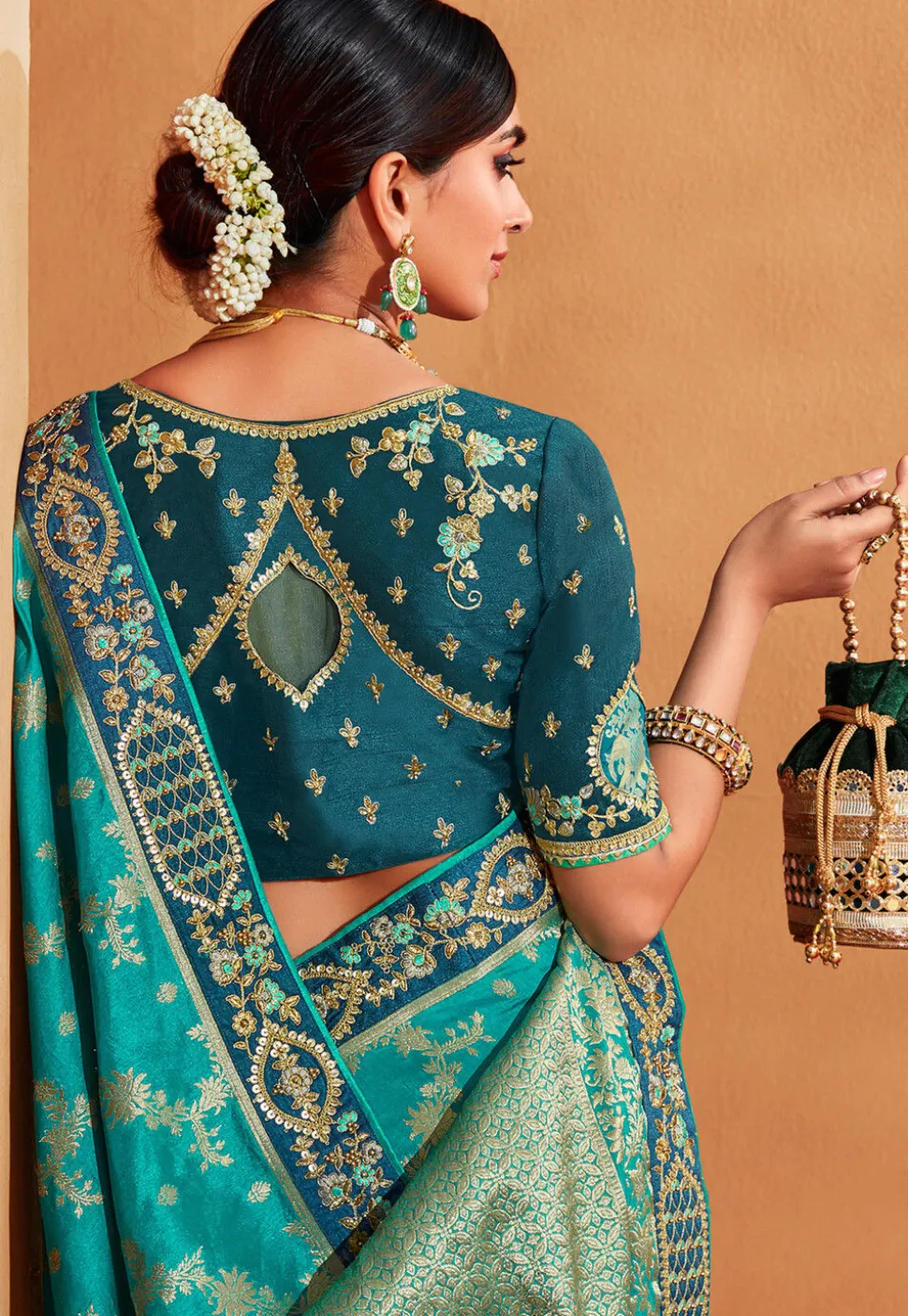 Half N Half Art Silk Jacquard Saree in Teal Blue and Grey