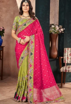 Half N Half Art Silk Saree in Fuchsia and Light Green