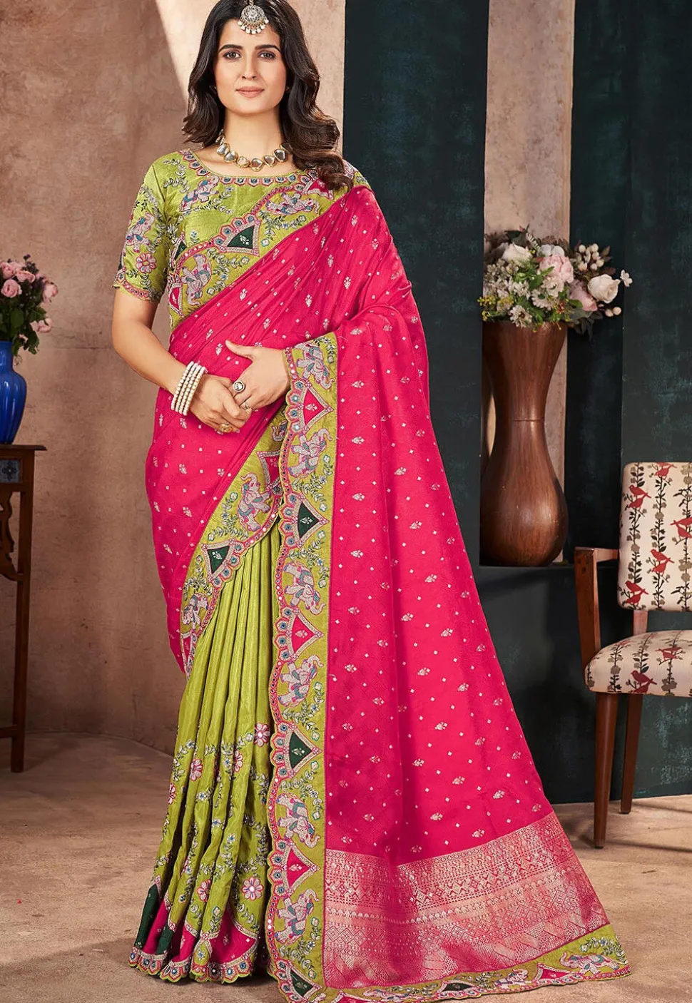 Half N Half Art Silk Saree in Fuchsia and Light Green