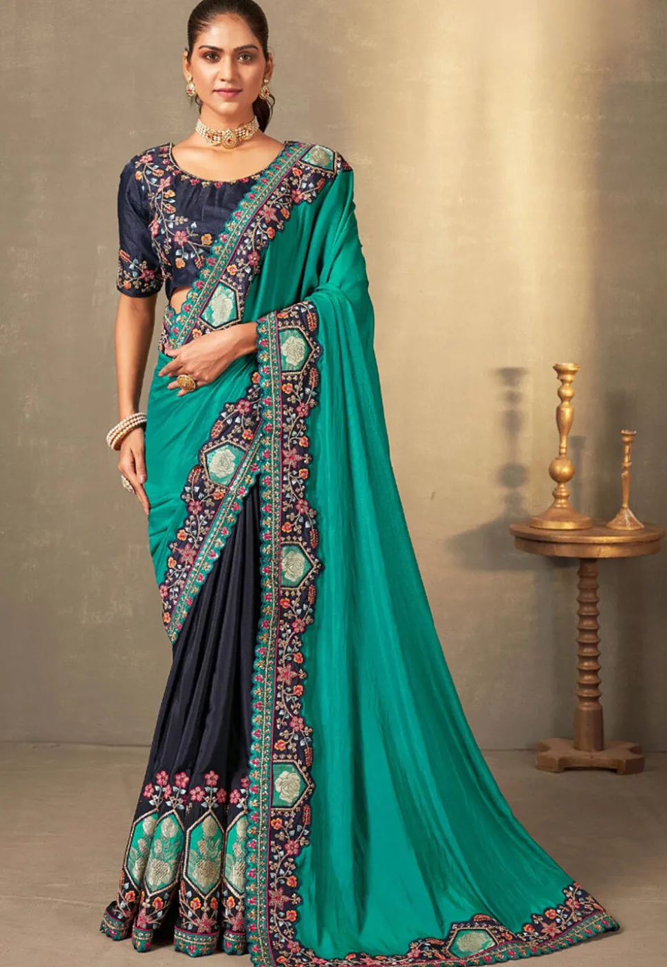 Half N Half Art Silk Saree in Teal Green and Navy Blue