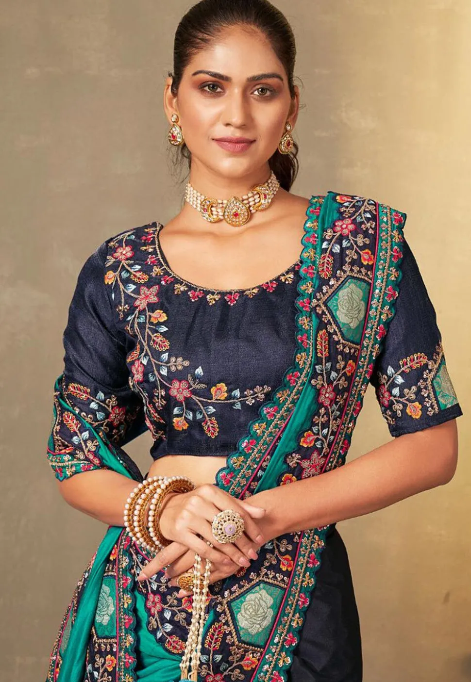 Half N Half Art Silk Saree in Teal Green and Navy Blue