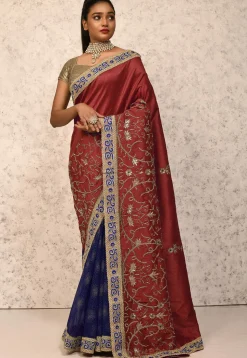 Half N Half Art Silk Saree in Maroon and Navy Blue