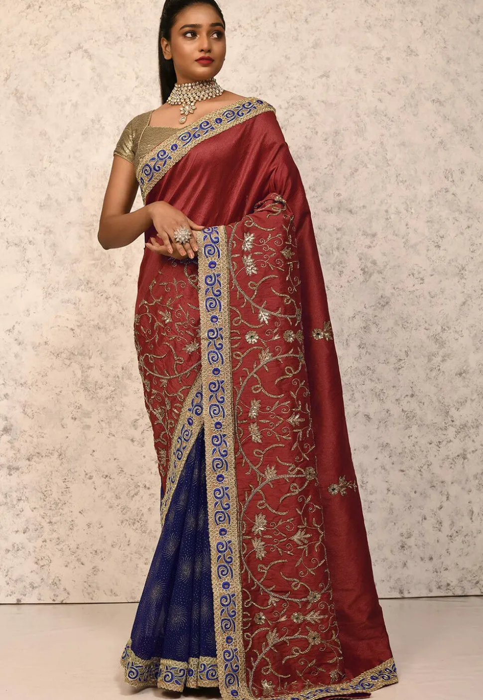 Half N Half Art Silk Saree in Maroon and Navy Blue