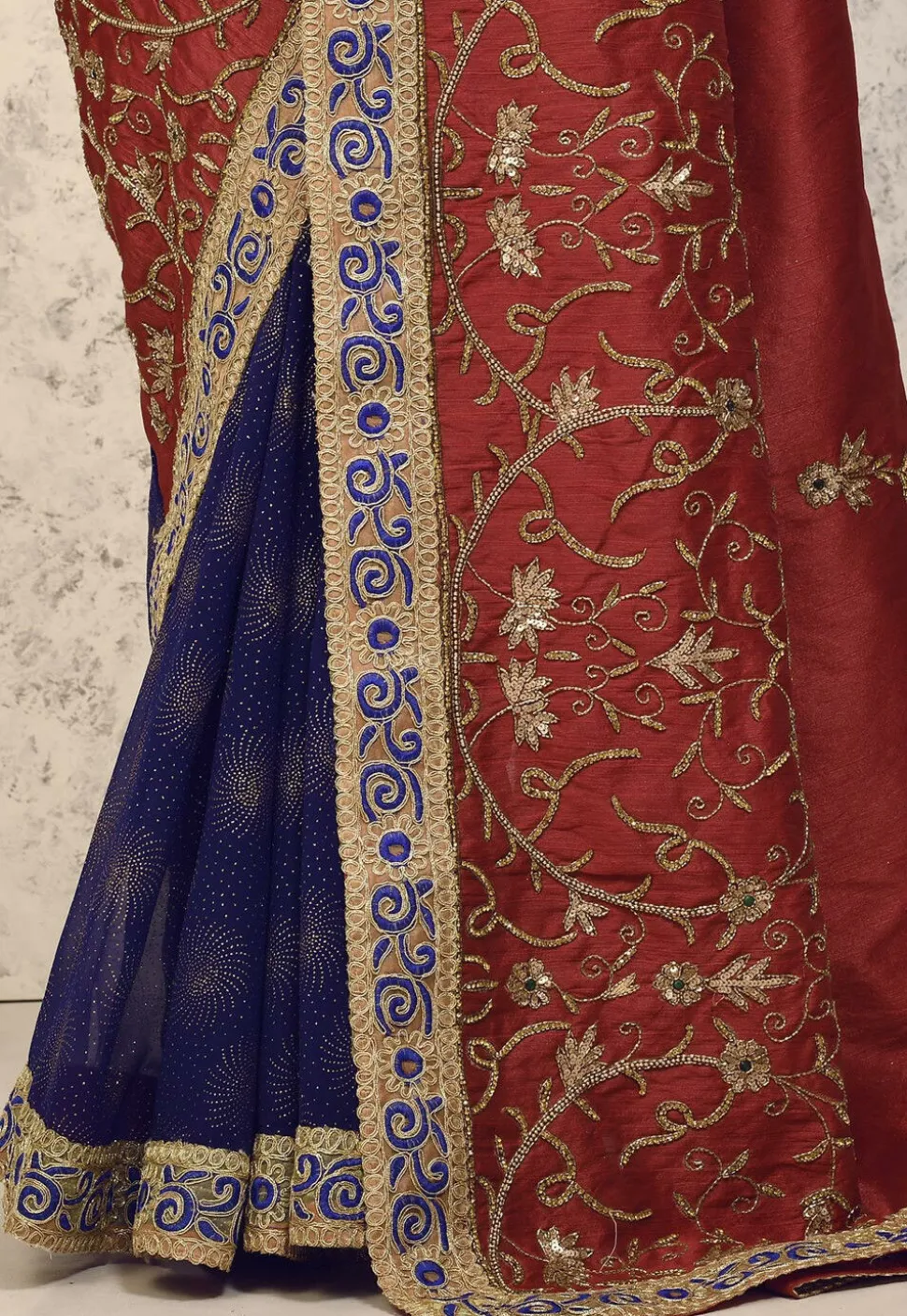 Half N Half Art Silk Saree in Maroon and Navy Blue