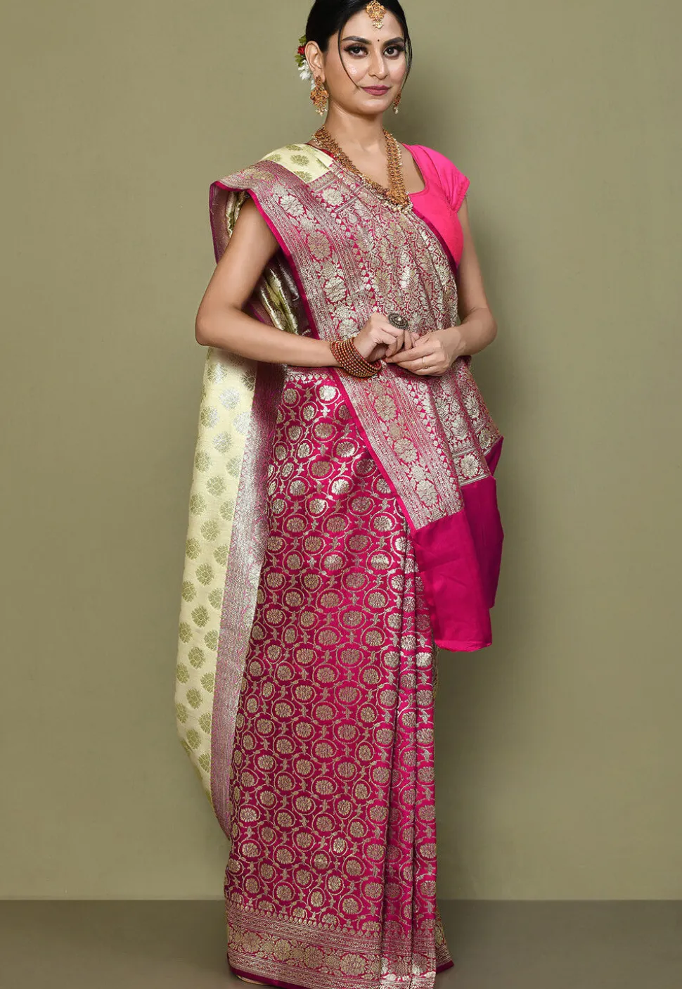 Half N Half Art Silk Saree in Light Beige and Magenta