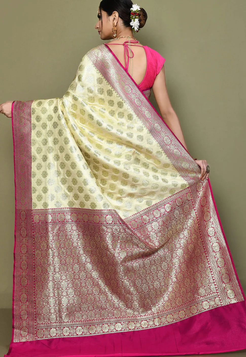 Half N Half Art Silk Saree in Light Beige and Magenta