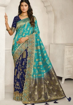 Half N Half Art Silk Saree in Blue and Navy Blue