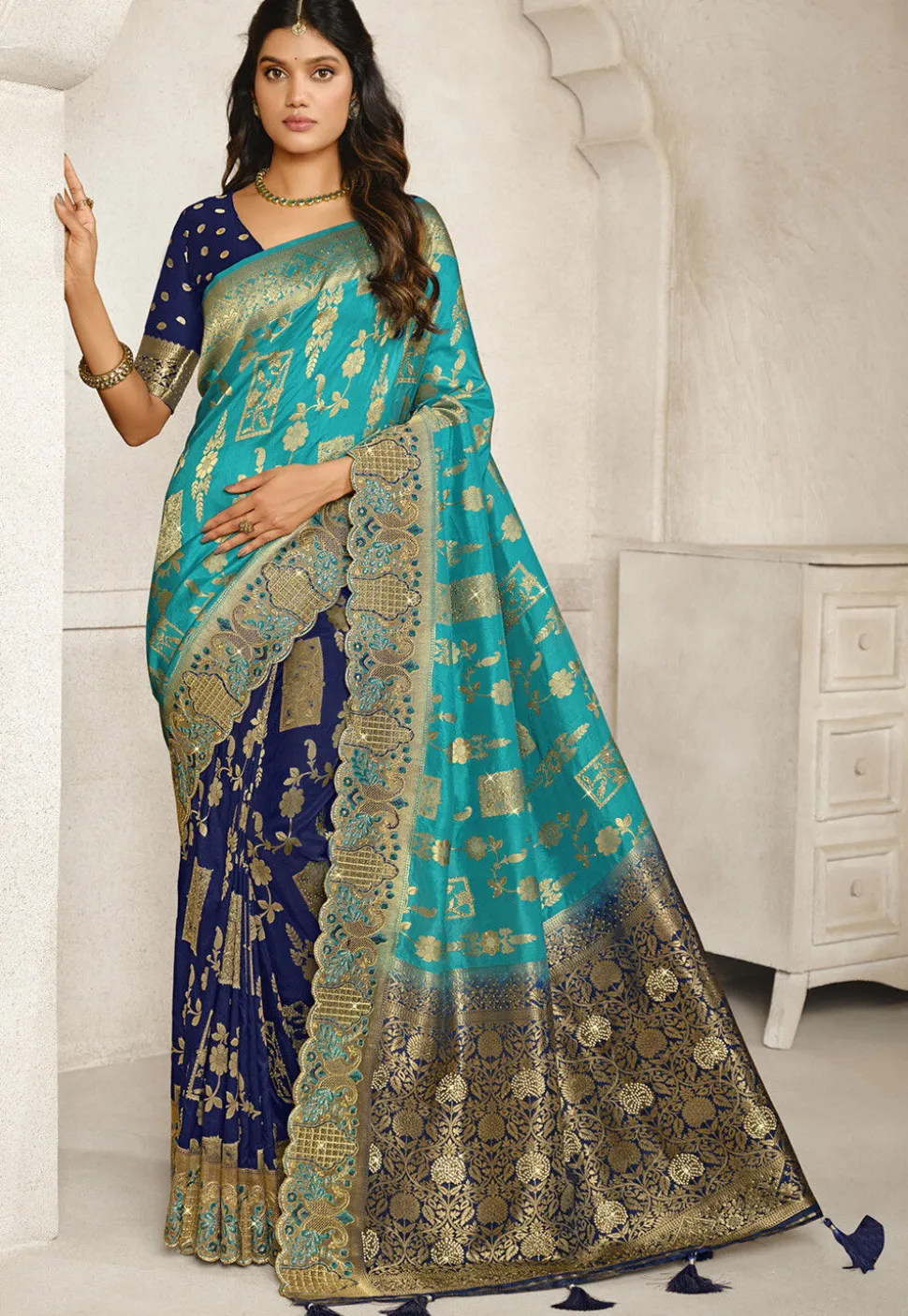 Half N Half Art Silk Saree in Blue and Navy Blue